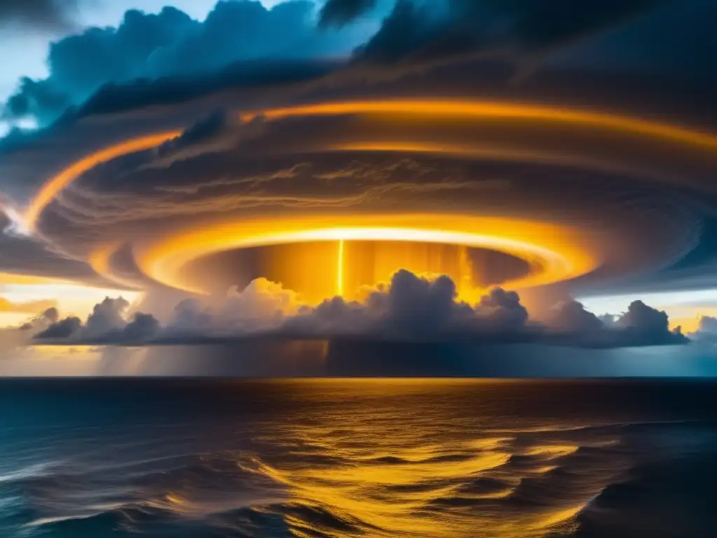 A vibrant and magnifying sun rises above the horizon in a tropical cyclone, creating a stunning cinematic backdrop
