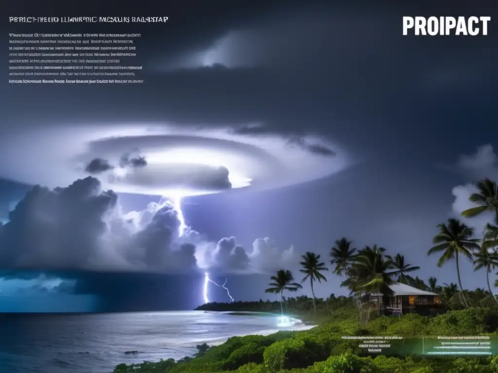 A powerful image of a tropical storm pulling away from an isolated island, leaving destruction in its wake