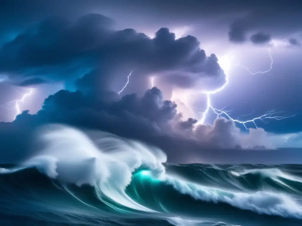 An 8k ultradetailed image of a tropical storm sailing above the ocean, with swirling winds and lightning strikes visible