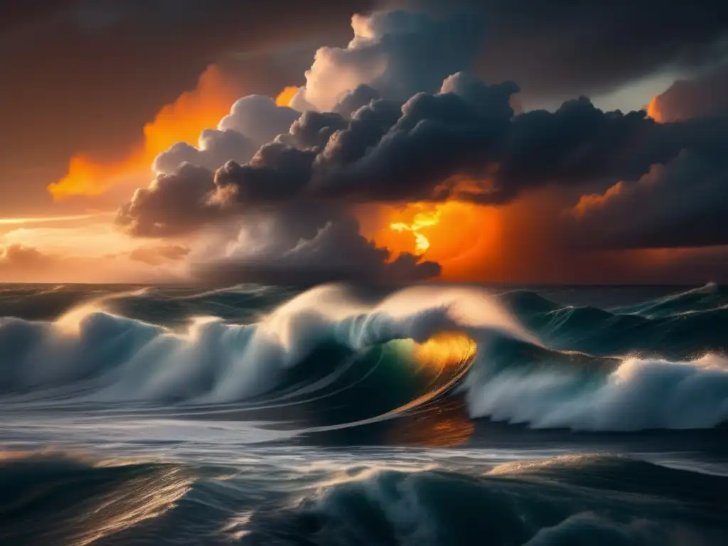 Dramatic aerial view of a tropical storm over the ocean, with the sun setting and casting an orange glow on the water depths