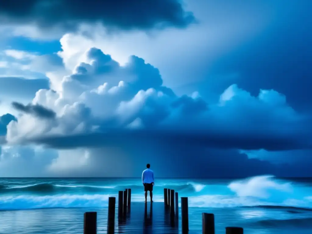 A stormy scene captured at sea, with a lone figure lost in thought on a small pier