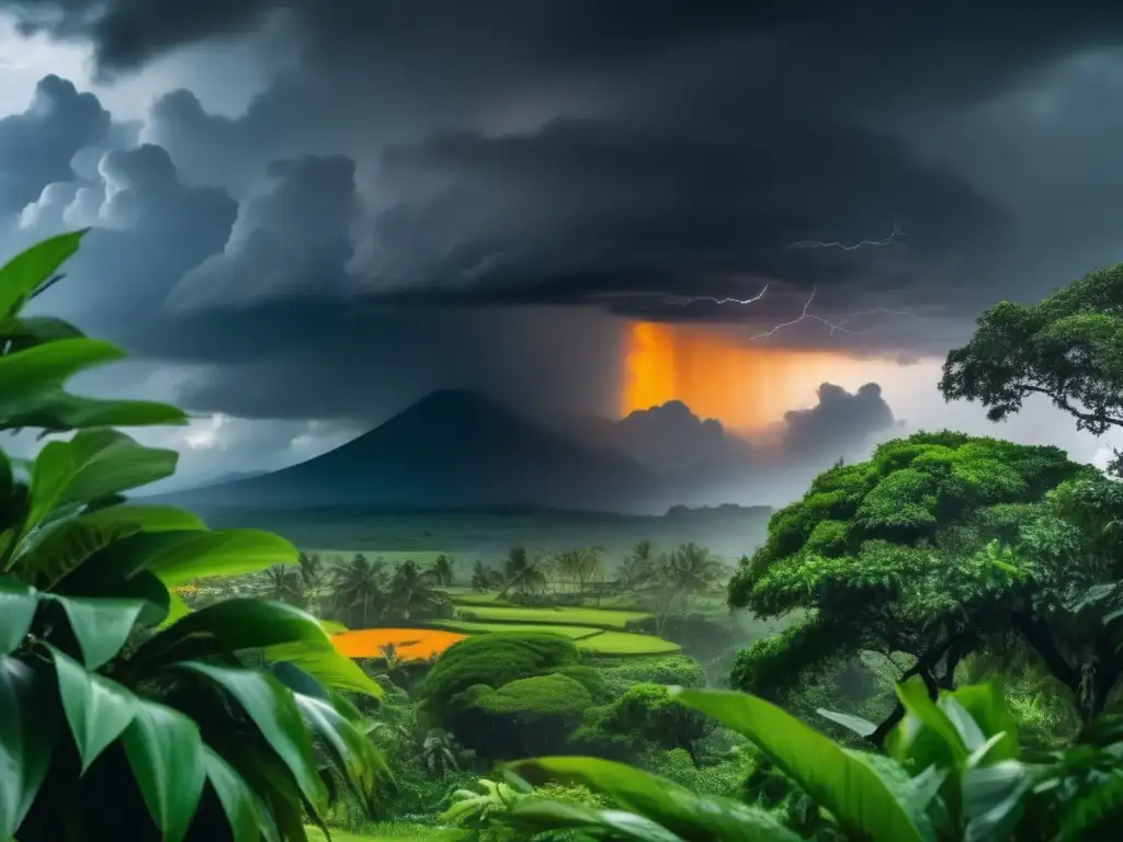 A breathtaking view of a tropical paradise turned to chaos as a powerful storm descends upon it