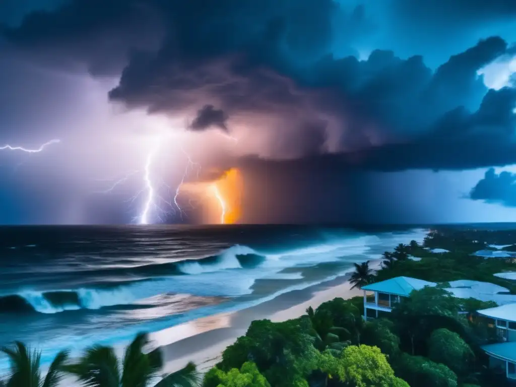 A breathtaking aerial shot of a tropical storm, with lightning bolts illuminating the dark clouds and thunder rumbling in