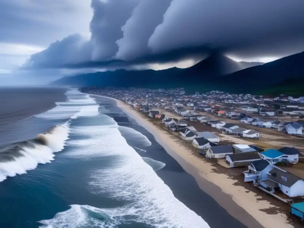 A panoramic view of a devastated coastal community submerged in a dark, forceful wave