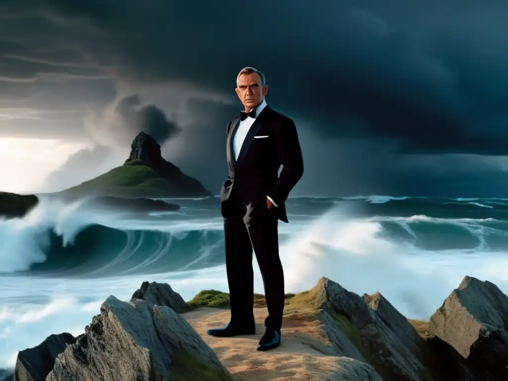 A suspenseful cinematic image of Sean Connery as James Bond, perched on the edge of a cliff amidst a dangerous hurricane