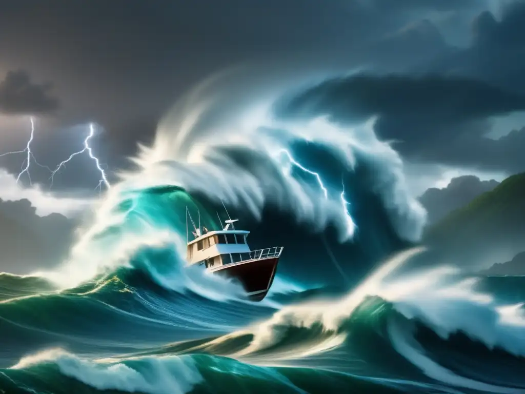 A stormtossed boat braves massive waves and lightning strikes in a deadly hurricane, with only the rustling trees and boat visible above the water