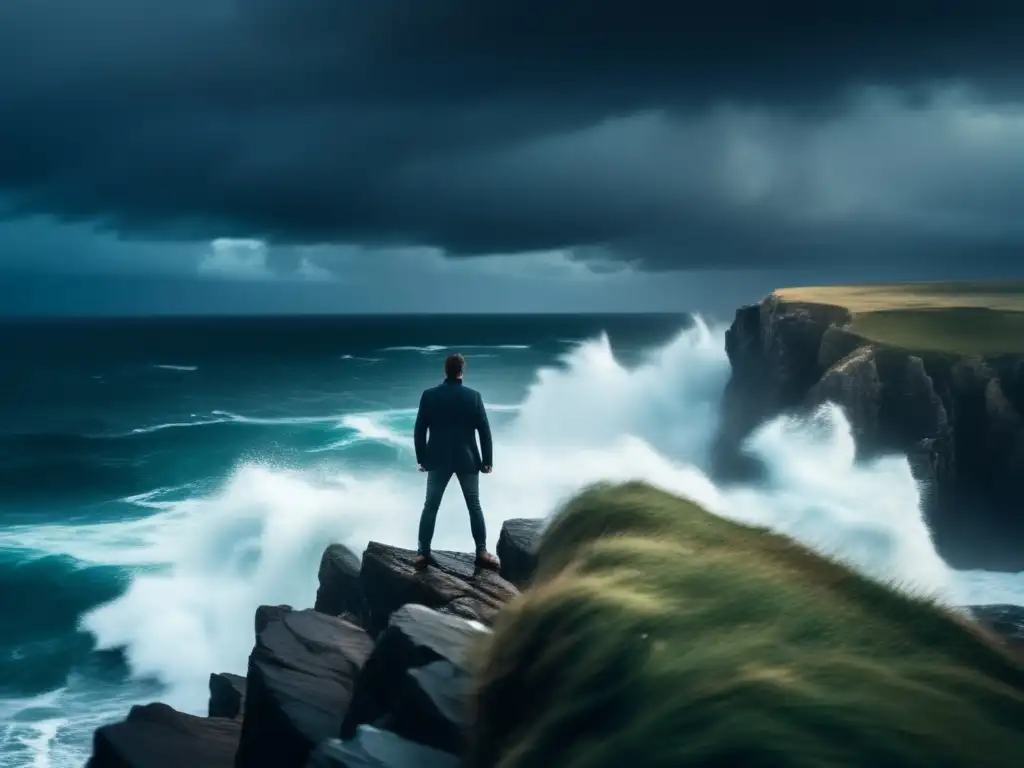 A determined man braves the storm, clenching fists as waves crash against the rocks below