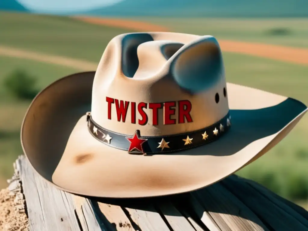 A breathtaking closeup of the iconic cowboy hat worn by Heather Graham in Twister (1996) against the rugged Ozark Mountains