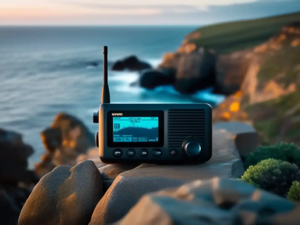 A sleek marine radio glows softly on a rocky cliff, with the vast ocean as its backdrop