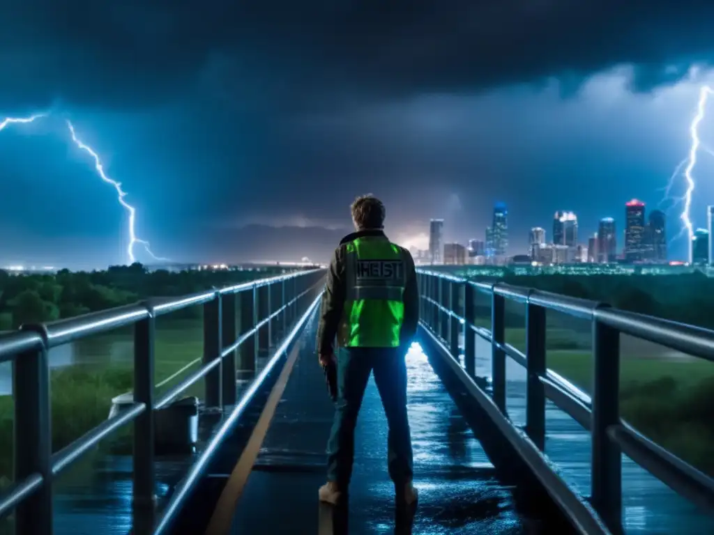 In 'The Hurricane Heist', Tyler Montgomery stands on a narrow bridge over a storm-ravaged cityscape