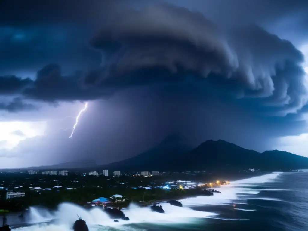 A haunting image of Typhoon Haiyan tearing through the Philippines, with lightning illuminating the dark sky