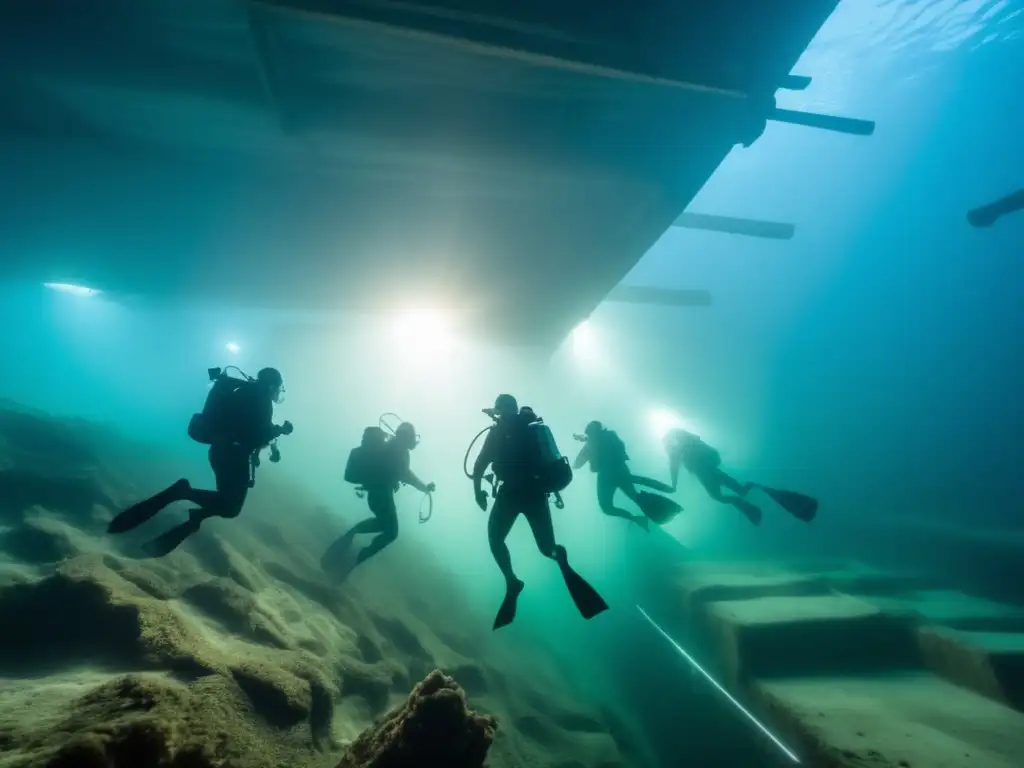 A group of divers bravely swimming through the dark depths of an underwater construction site, risking everything for their mission