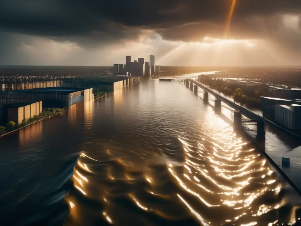 A dramatic underwater cityscape with flood barriers shielding against turmoil, sunbeams illuminating the vast expanse, and a stormy sky in the distance, emphasizing the need for safety measures in urban environments