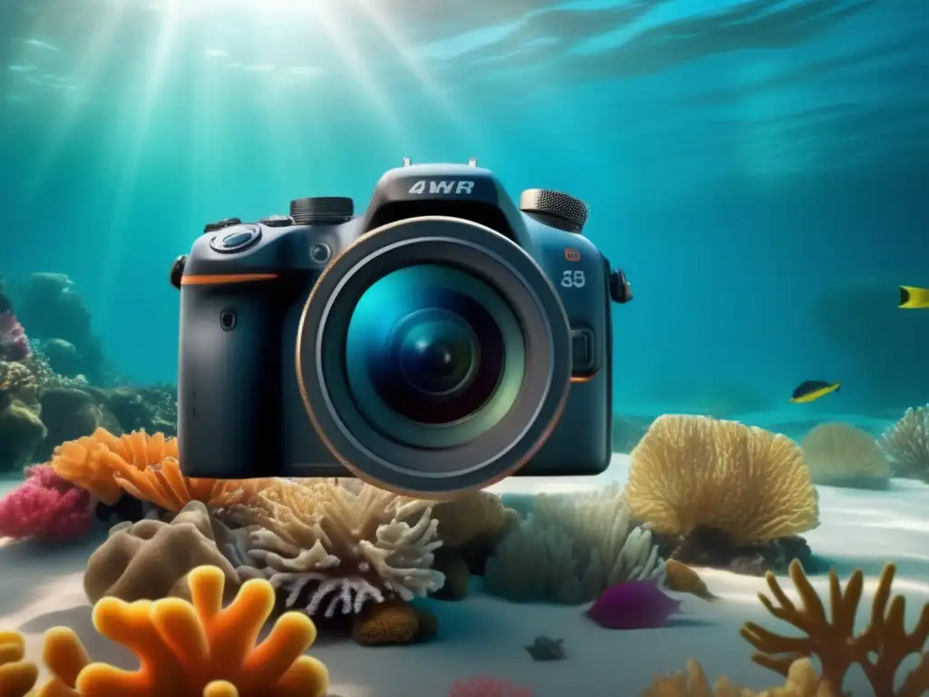 An underwater adventure awaits with this waterproof camera, submerged among the vibrant hues of coral reefs and teeming with marine life