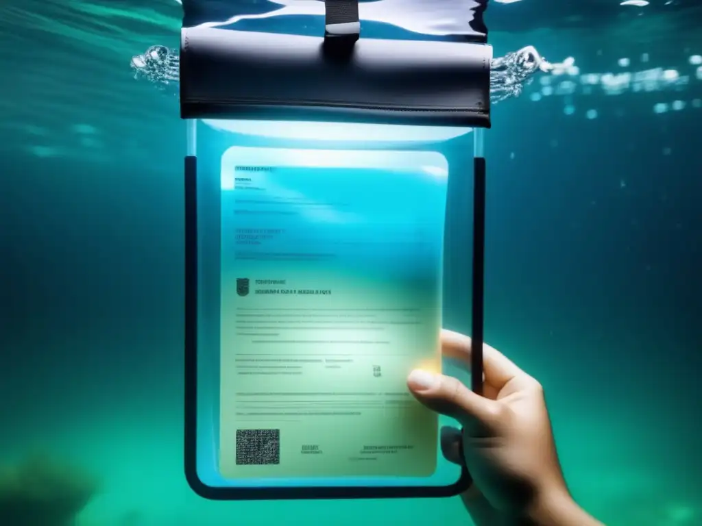 A person bravely holds a waterproof document holder underwater, surrounded by clear, calm water