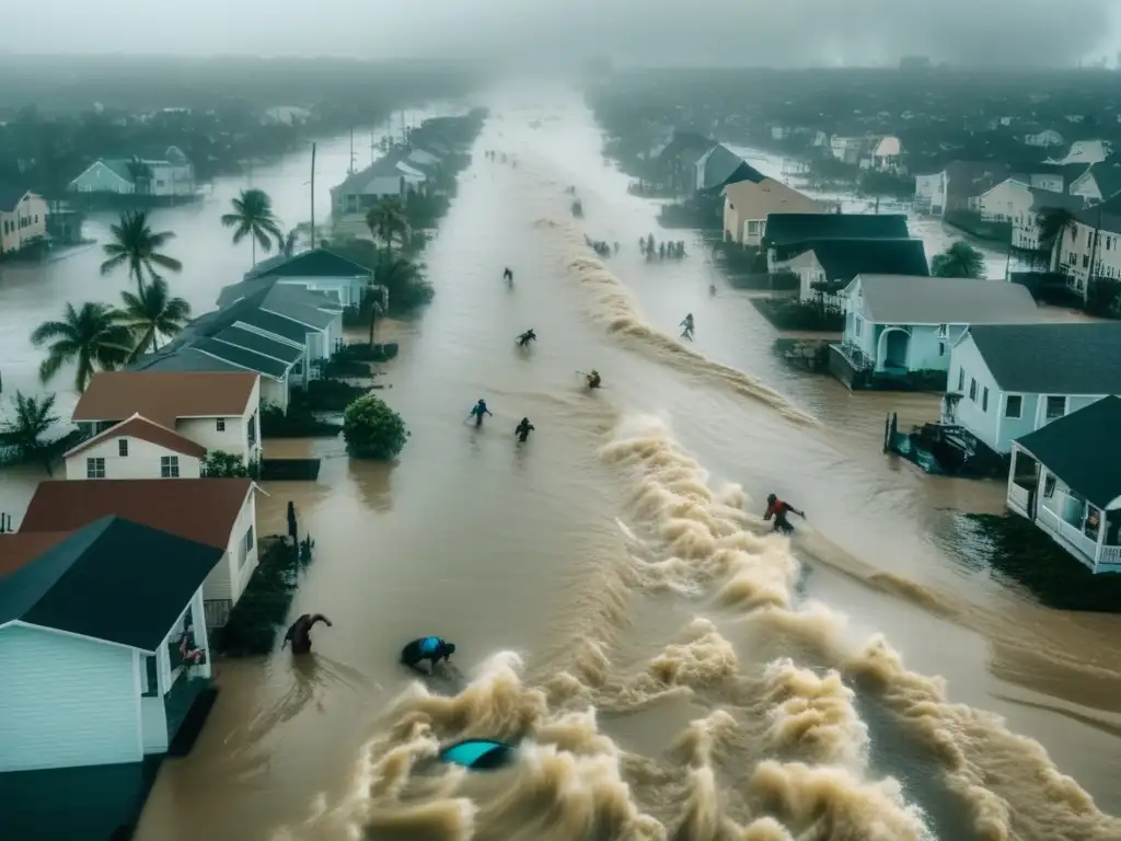 Amidst the chaos of a hurricane, city submerged in tumultuous water, people fleeing for safety