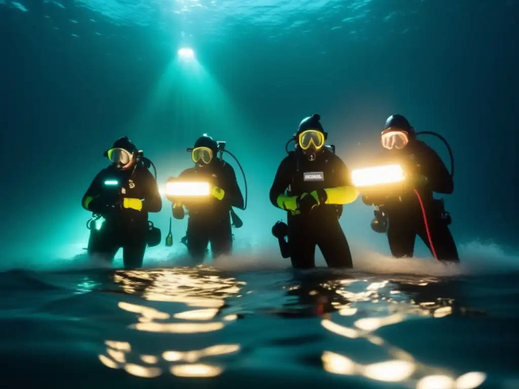 A dazzling light show under the sea, divers - in slow motion, emphasizing tech's power for safety