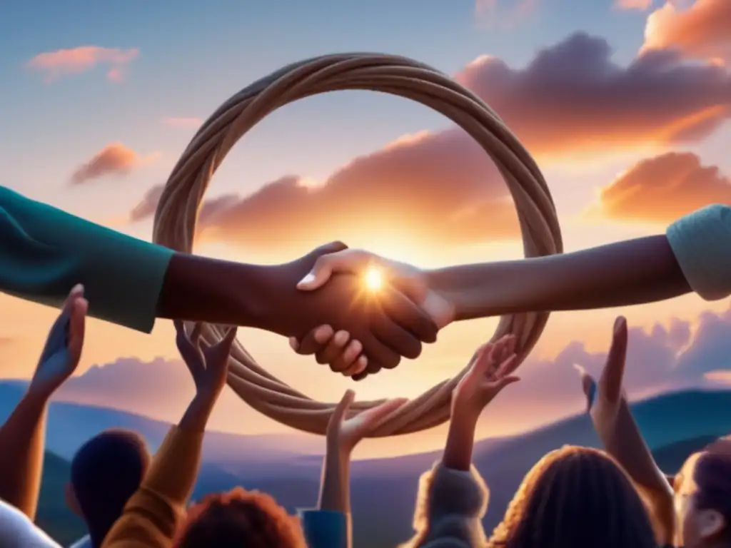 A woman's hand reaches towards unity in a circle, symbolizing strength and growth in a bright sky with dramatic lighting