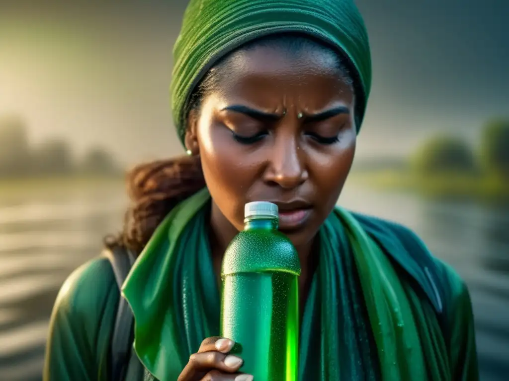 A grim image of water pollution: Woman clutches murky bottle, water droplets stream down face