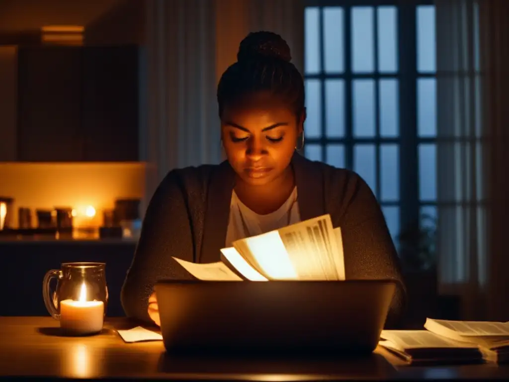 Amidst a turbulent storm, a person sits with a laptop and bills in a dimly lit room