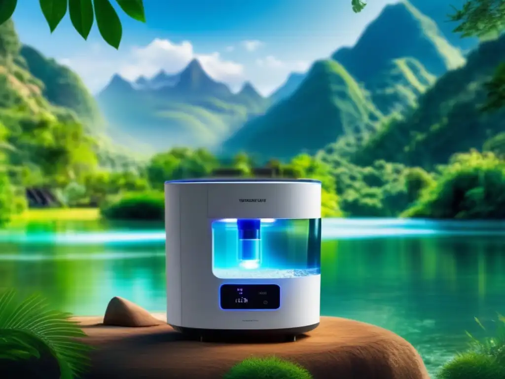 A breathtaking scene of a UV water purifier in a tranquil outdoor space, surrounded by lush green foliage and a crystal-clear river in the foreground