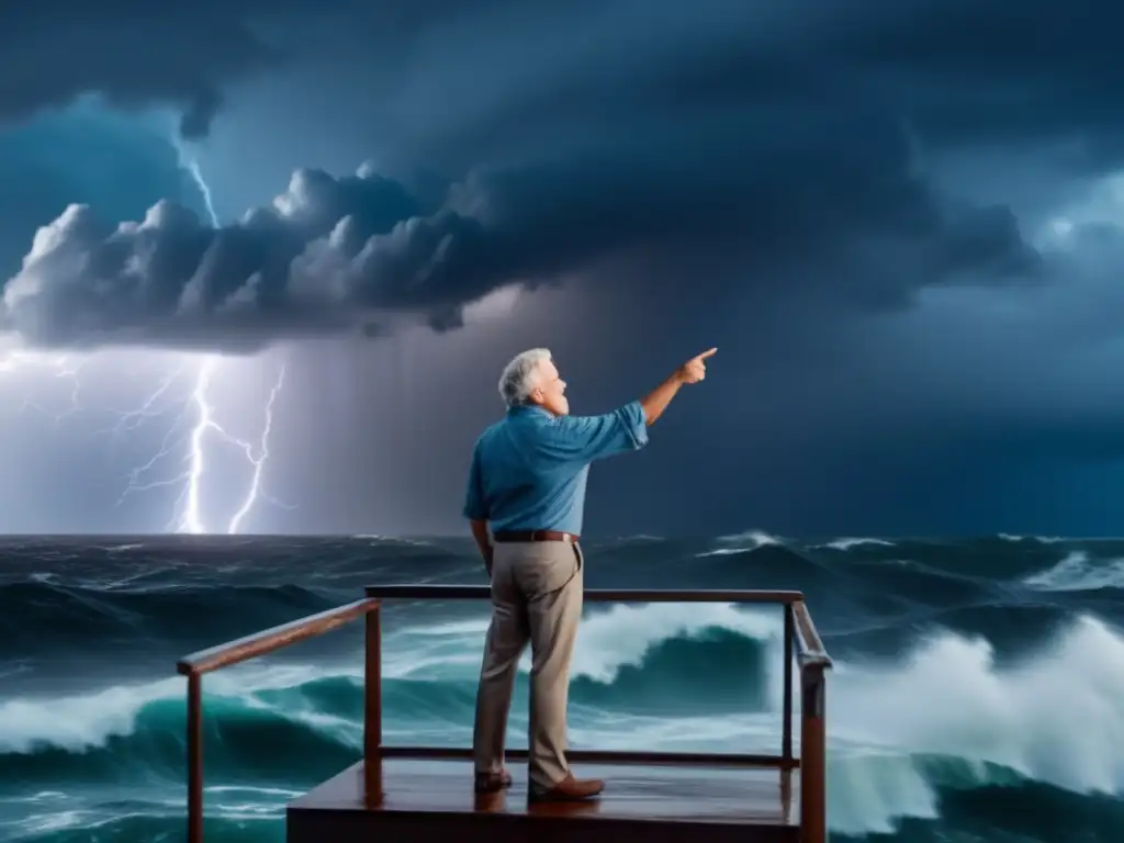 Van Heerden, the Louisiana scientist, braves the stormy sea, standing on a raised platform, pointing at the map of Louisiana battered by the hurricane