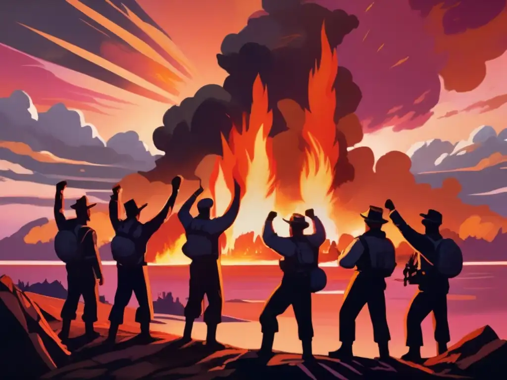 An emotive ALT text for the image: 
    Amidst flames and smoke, a victorious team raises fists in triumph