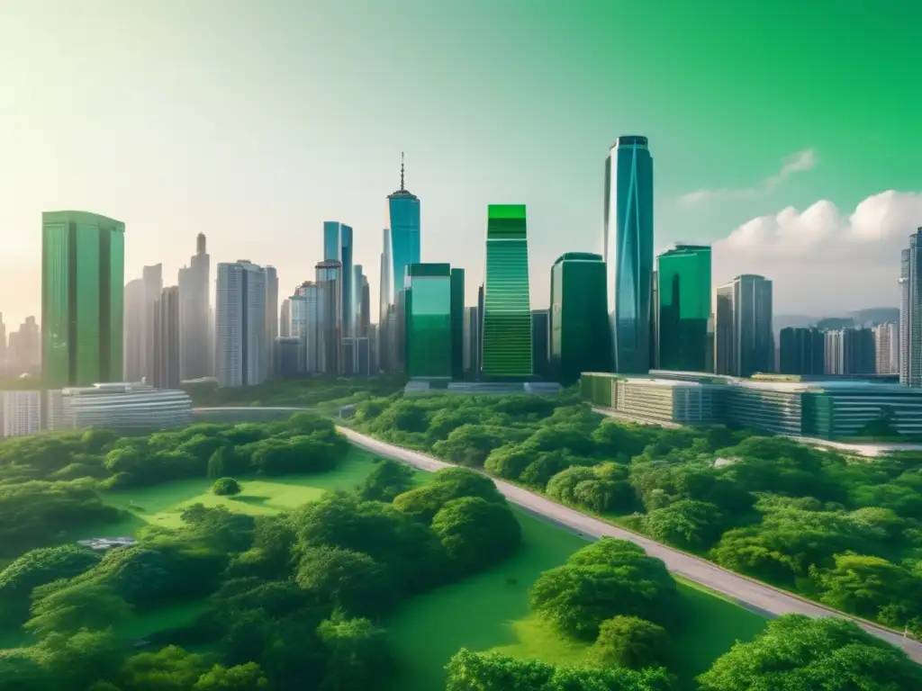 A vibrant green city skyline, surrounded by tall buildings and lush greenery, with a clear sky and bright sun shining in the background