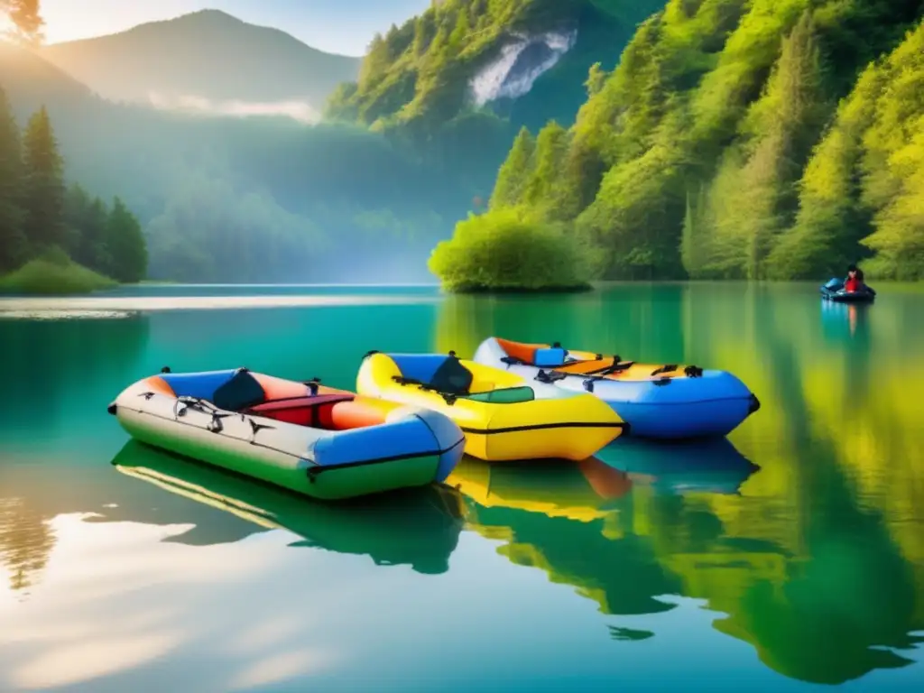 Breathtaking sunrise over an array of brightly colored inflatable rafts, floating serenely in a crystal-clear lake, surrounded by lush green trees