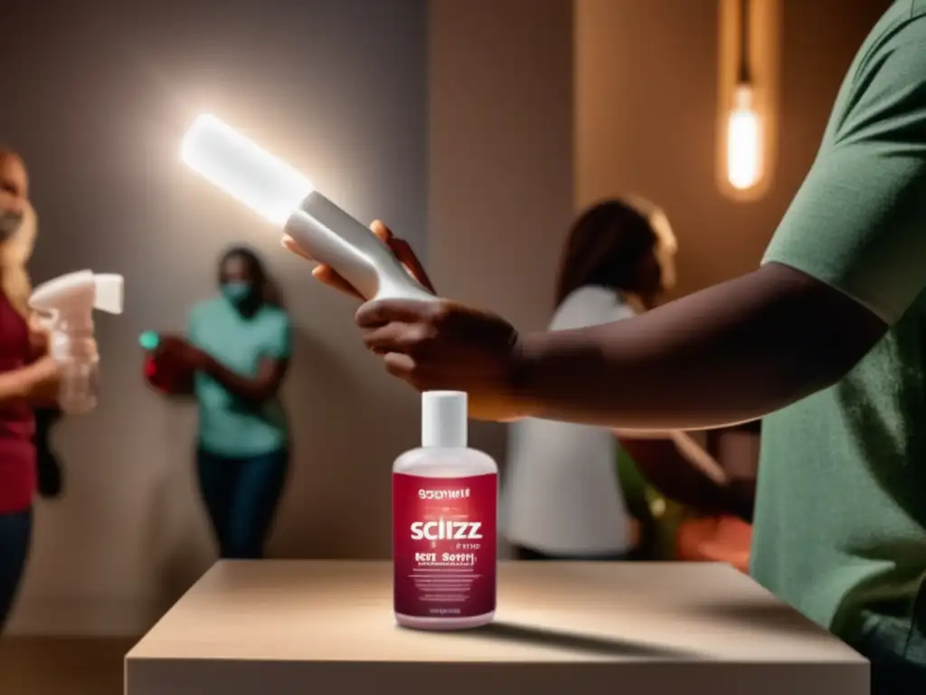 Amid the vintage industrial feel, a person stands in a dimly lit room, spotlit and with a red-colored, ecofriendly hand sanitizer bottle in hand