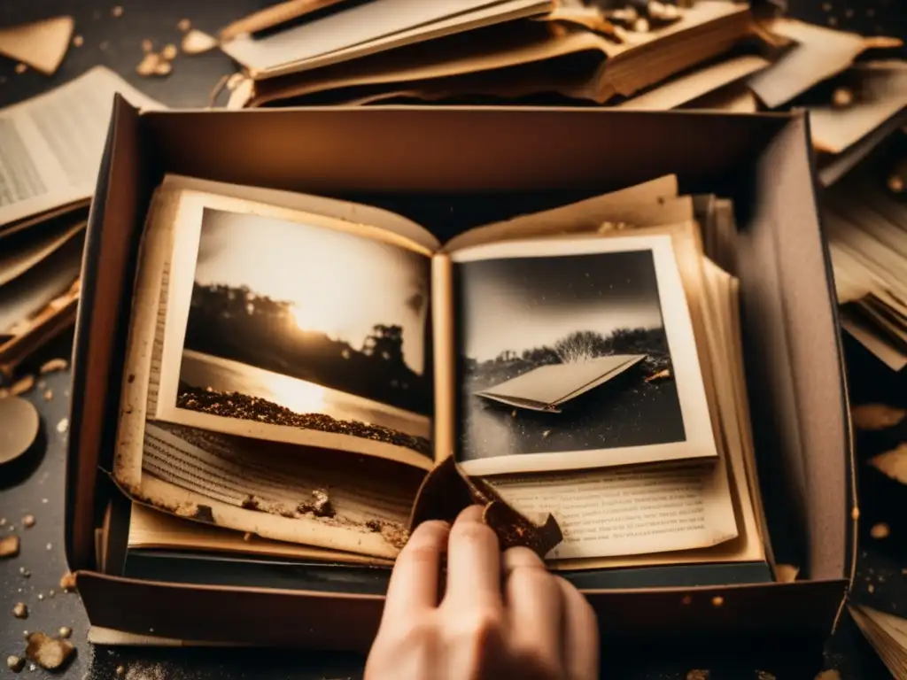 Amidst debris and chaos, a vintage photograph album lies forgotten, its pages damaged and images faded