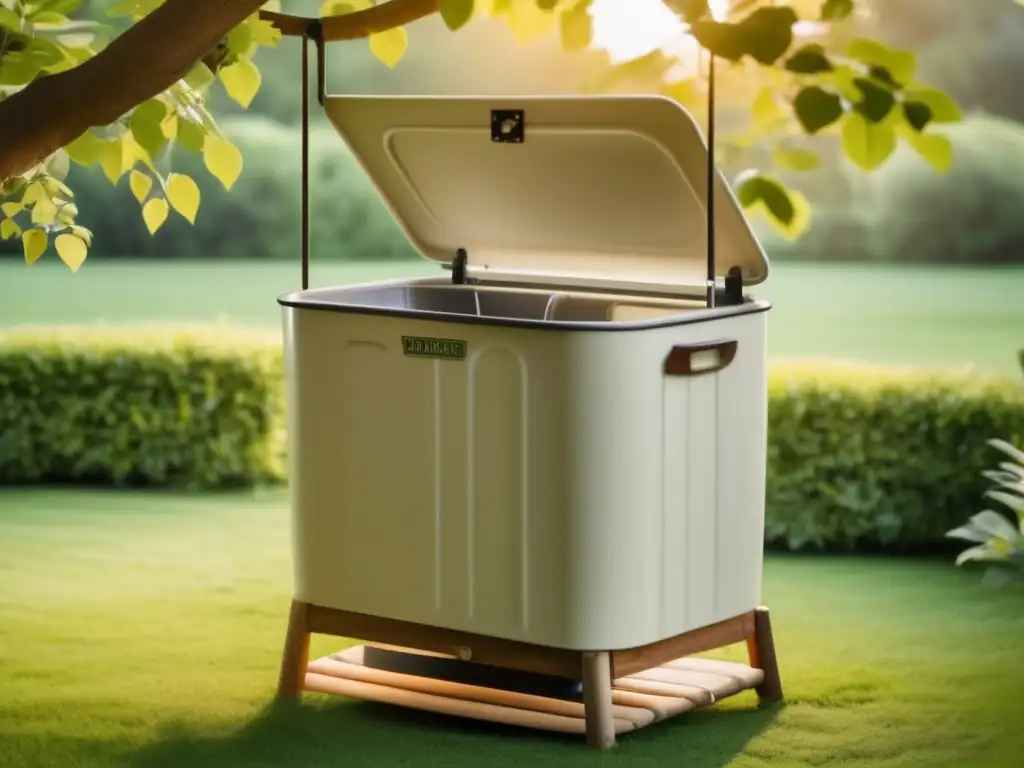 A captivating highangle shot of a vintage-style handpowered laundry washer serenely tucked away beneath a lush green tree, the intricate machinery visible through the open lid