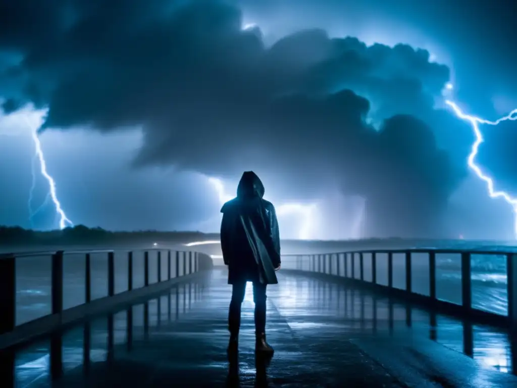 A cinematic image of determination in the face of danger: a person stands alone in a raging hurricane, with wind and rain swirling around them