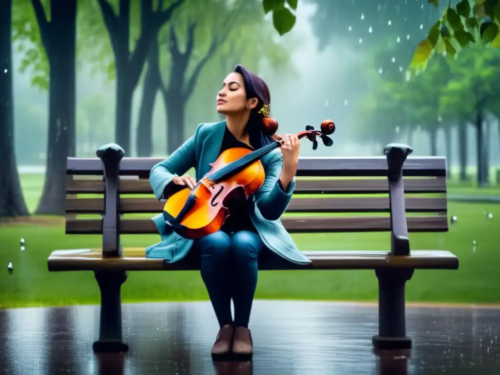 Amidst tall trees in a storm-tossed park, a woman finds peace while playing her violin, replaced by the comforting chirping of birds in the distance