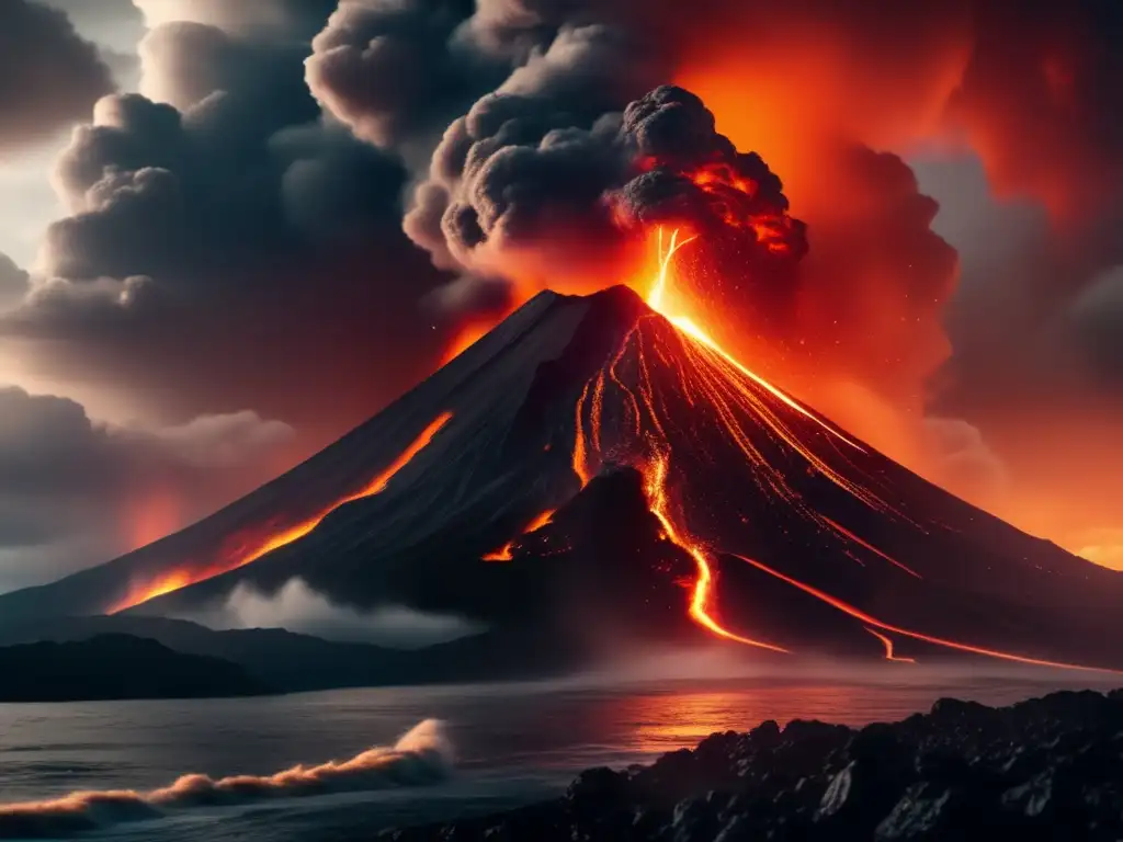 A breathtaking cinematic shot of a towering volcano erupting, with massive lava flows cascading down its sides