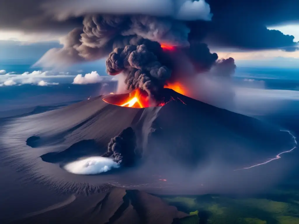 A explosive cinematic image captures a hurricane ripping through volcanic ash clouds, creating a chaotic and destructive scene