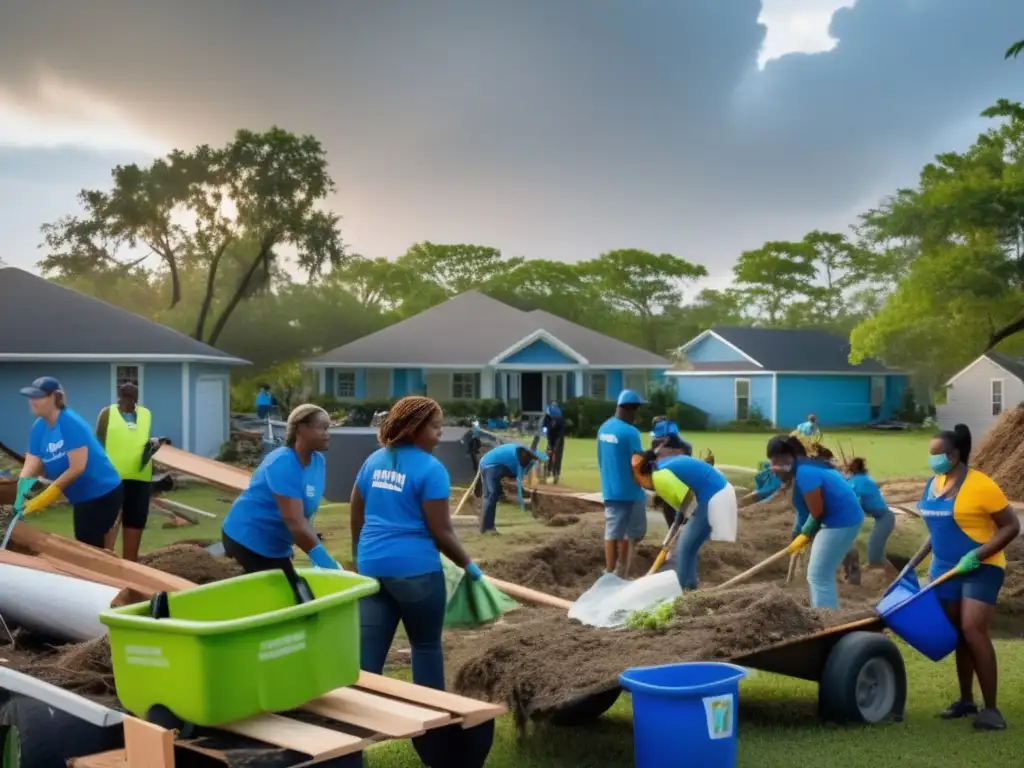 A powerful photograph of volunteers working together to restore a neighborhood hit by a hurricane