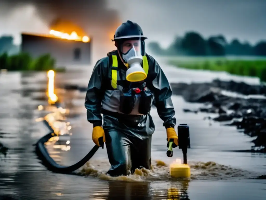 A person bravely wades through floodwater, torch in hand, wearing a mask with a ventilator attachment