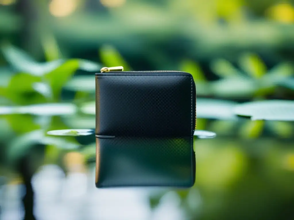 A breathtaking image of a sleek black waterproof wallet on a glass pond, reflecting serenely in the water's surface