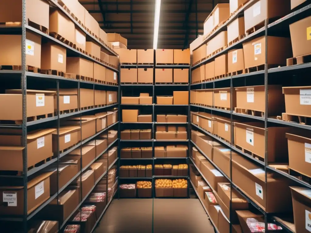 An aerial shot of a packed warehouse, filled with rows upon rows of nonperishable food packs stacked to the ceiling