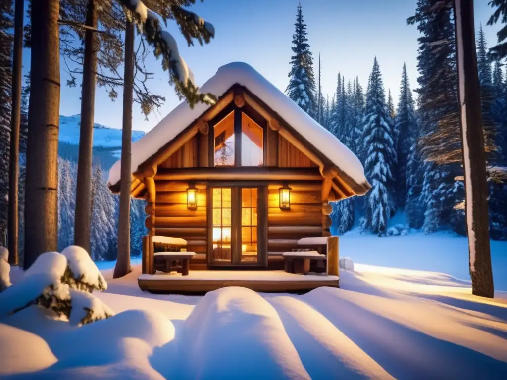 A serene rustic cabin stands tall in the heart of a lush forest, its cozy glow beckoning all to come in