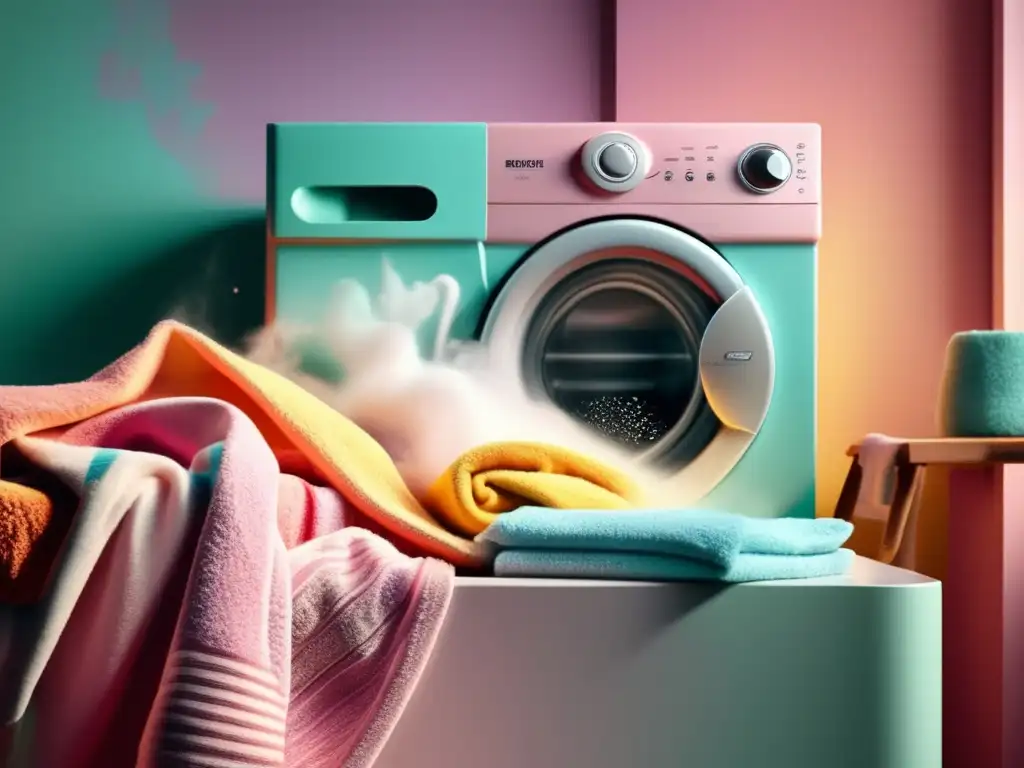 A vibrant pastel scene with a handpowered washing machine in action