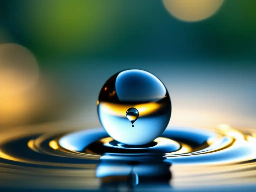 A stunning closeup of a water droplet, magnified to near perfection, suspended in a whirlpool of rushing water