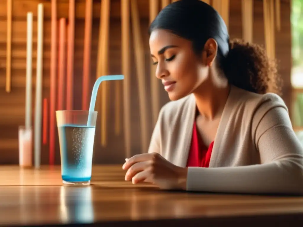 A woman with a serene expression turns on a water purification straw, watching the clear red water flow through it