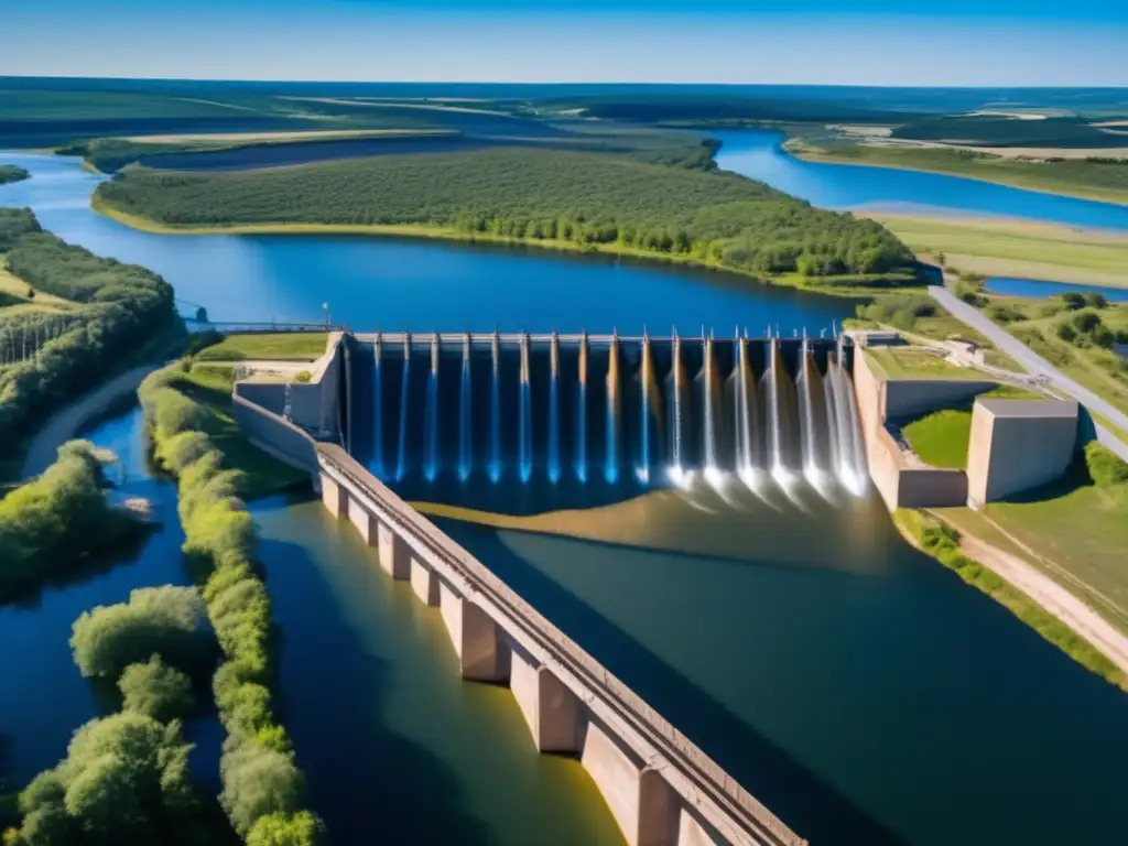 A stunning aerial view of a collapsible water dam, holding up the river below with a series of arches and wires