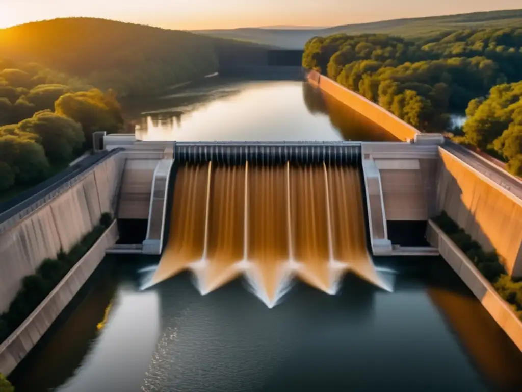 An aerial view of a collapsible water dam under construction, surrounded by lush greenery and set against a warm orange sunset