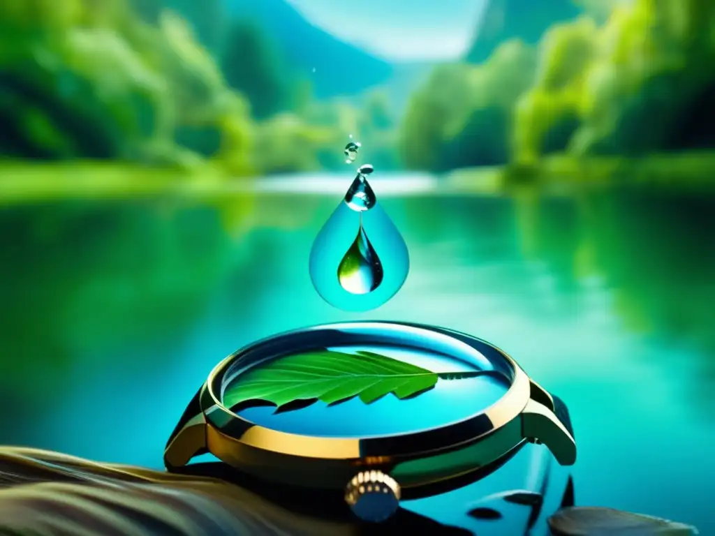 Blue and green waterfall in the distance, a watch adjusting underwater in a forest pool, reflecting the rich landscape