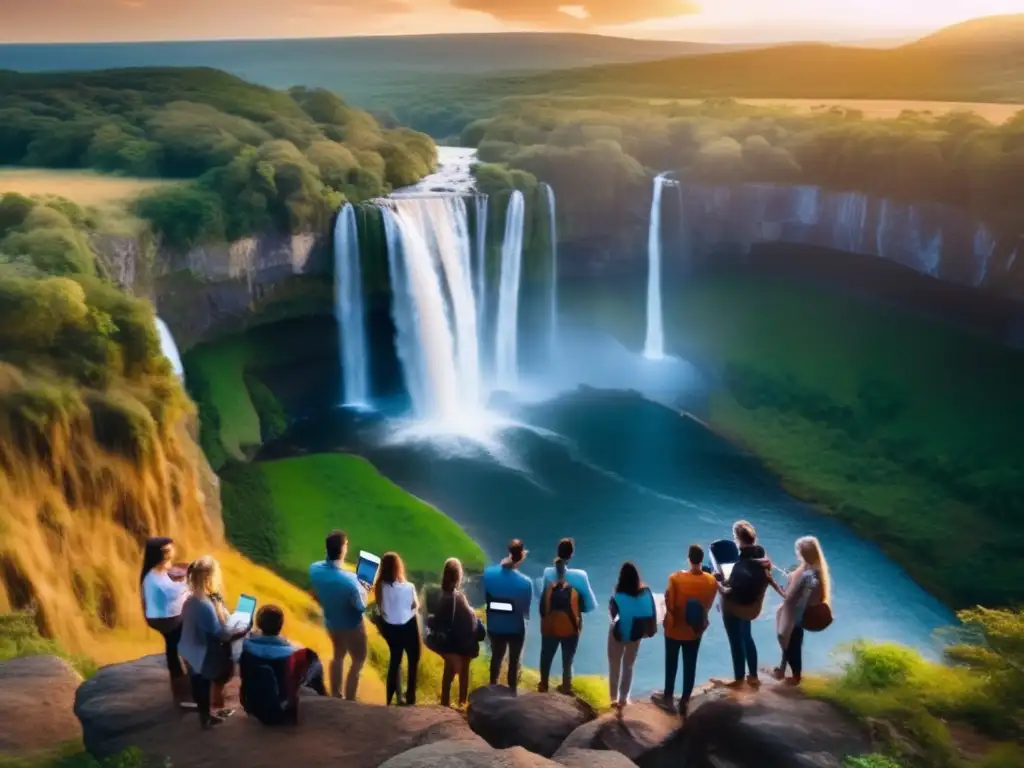   A cinematic shot of a group of people holding digital devices and documents on a cliff at sunset with a waterfall reflection