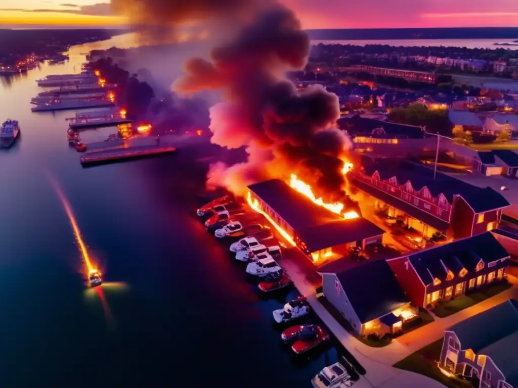 A water-activated emergency strobe illuminates the chaos of a fire department responding to a waterfront emergency