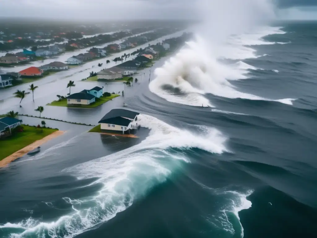 Amidst the chaos of a hurricane, a waterproof Bluetooth speaker floats gracefully on the water's surface, broadcasting reassuring music to a devastated coastal town